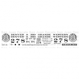 Decals - On3 D&RGW Engine #278 circa 1940